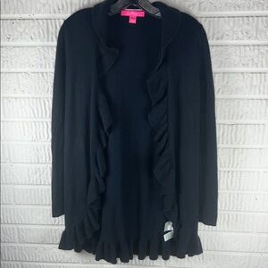 Lilly Pulitzer Black Ruffle-Trim Open-Front Cardigan Cashmere